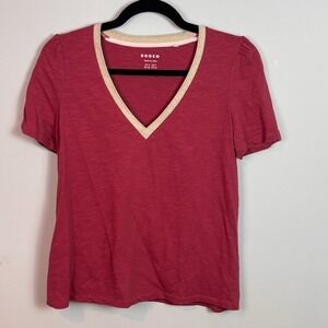 Boden Womens Pink 100% Cotton Gold Metallic Trim Puff Sleeve Tee sz US 2 Classic